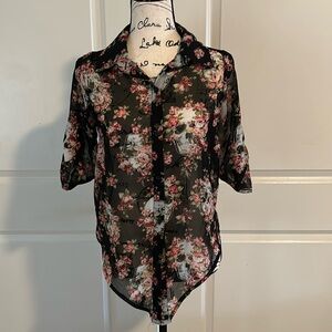 Sheer roses and skulls button down shirt